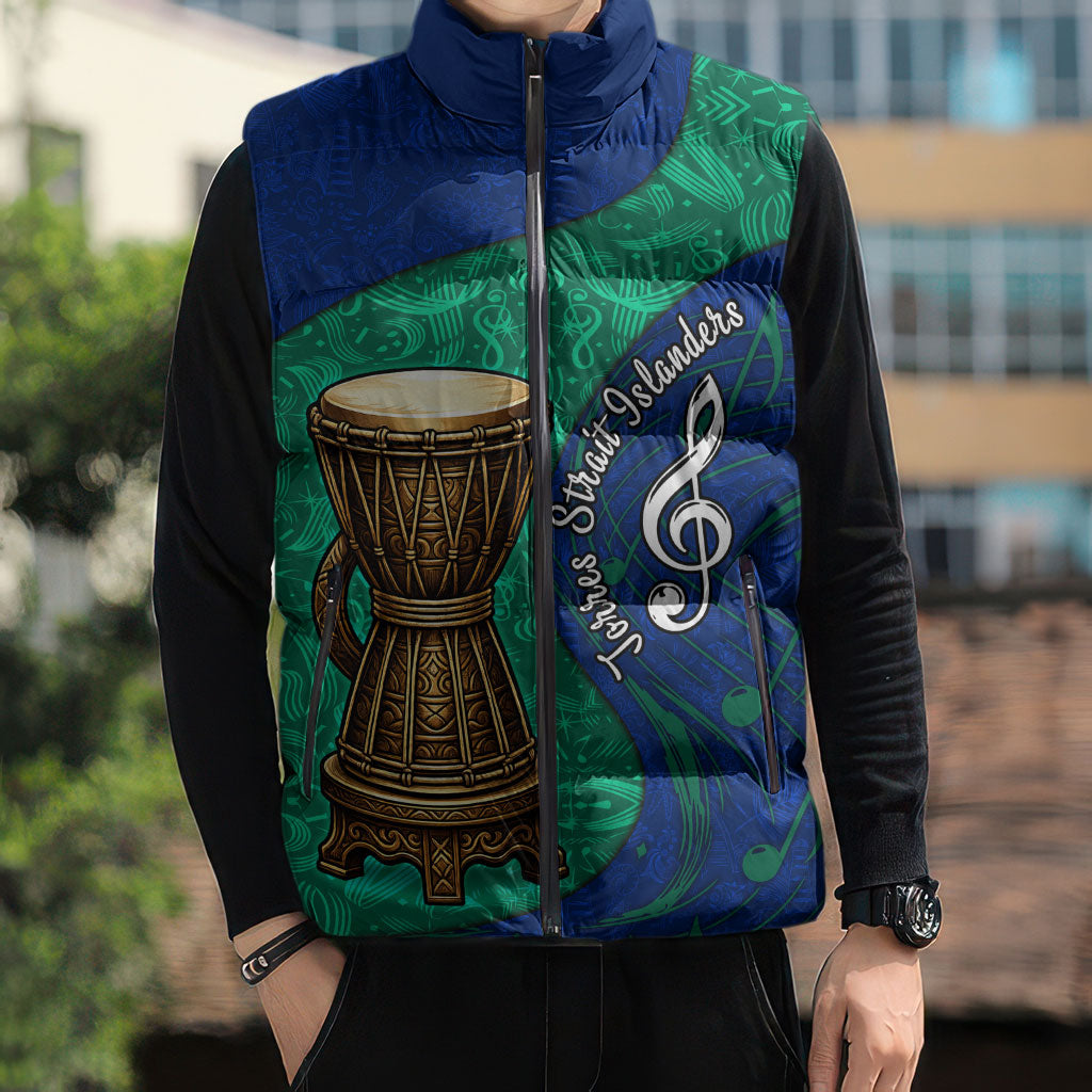 Torres Strait Islanders Fiery Wind Dance Drum Sleeveless Puffer Jacket Indigenous Australian Tribal Warrior Musical Culture Art