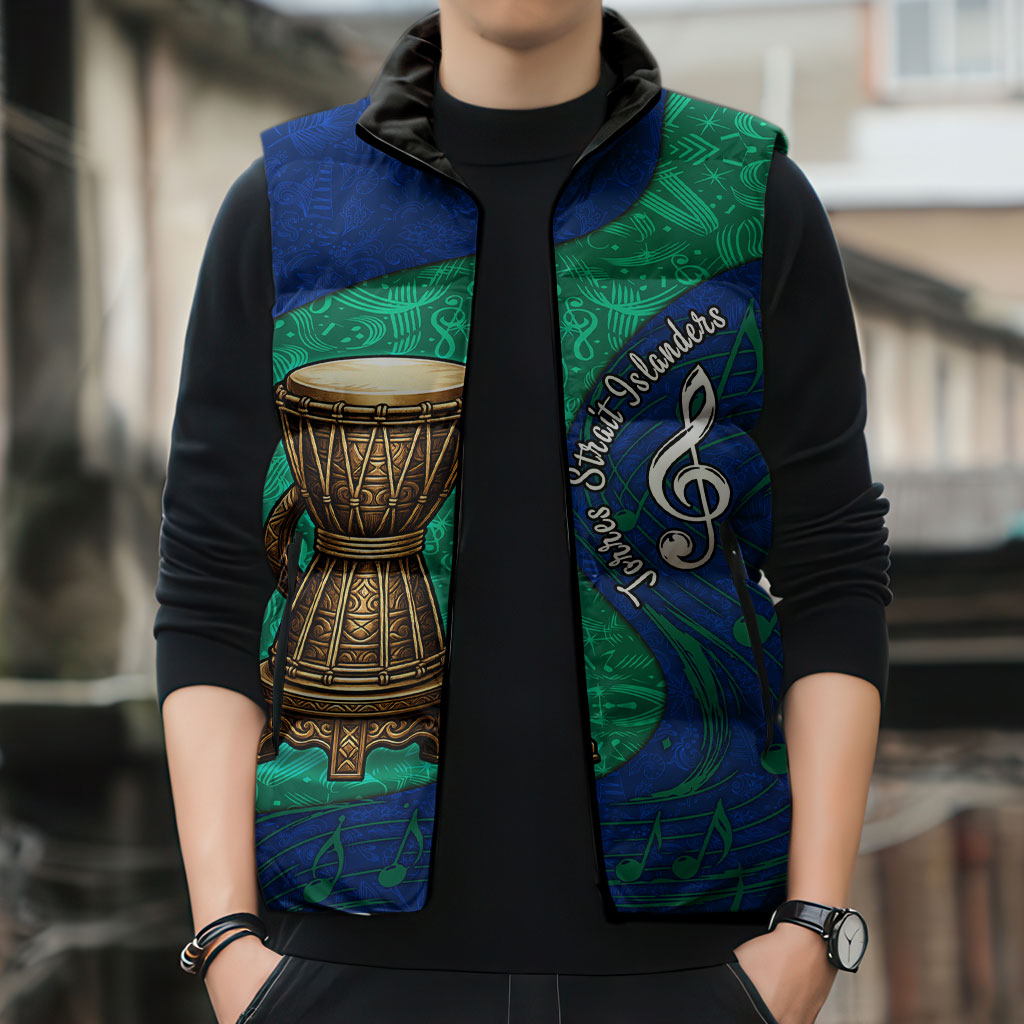 Torres Strait Islanders Fiery Wind Dance Drum Sleeveless Puffer Jacket Indigenous Australian Tribal Warrior Musical Culture Art