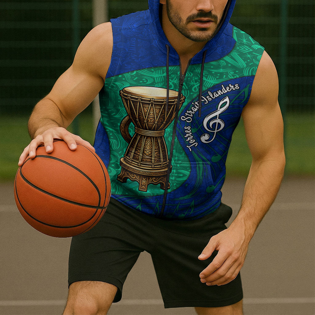 Torres Strait Islanders Fiery Wind Dance Drum Sleeveless Zip Hoodie Indigenous Australian Tribal Warrior Musical Culture Art