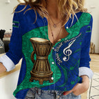 Torres Strait Islanders Fiery Wind Dance Drum Women Casual Shirt Indigenous Australian Tribal Warrior Musical Culture Art