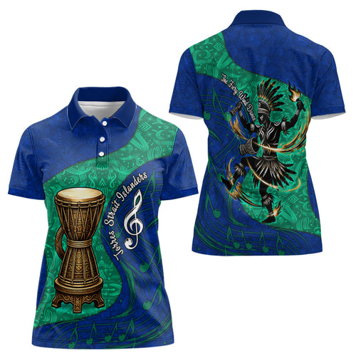 Torres Strait Islanders Fiery Wind Dance Drum Women Polo Shirt Indigenous Australian Tribal Warrior Musical Culture Art