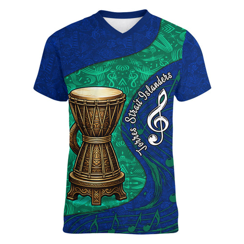 Torres Strait Islanders Fiery Wind Dance Drum Women V-Neck T-Shirt Indigenous Australian Tribal Warrior Musical Culture Art