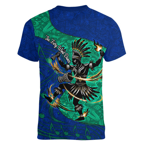 Torres Strait Islanders Fiery Wind Dance Drum Women V-Neck T-Shirt Indigenous Australian Tribal Warrior Musical Culture Art