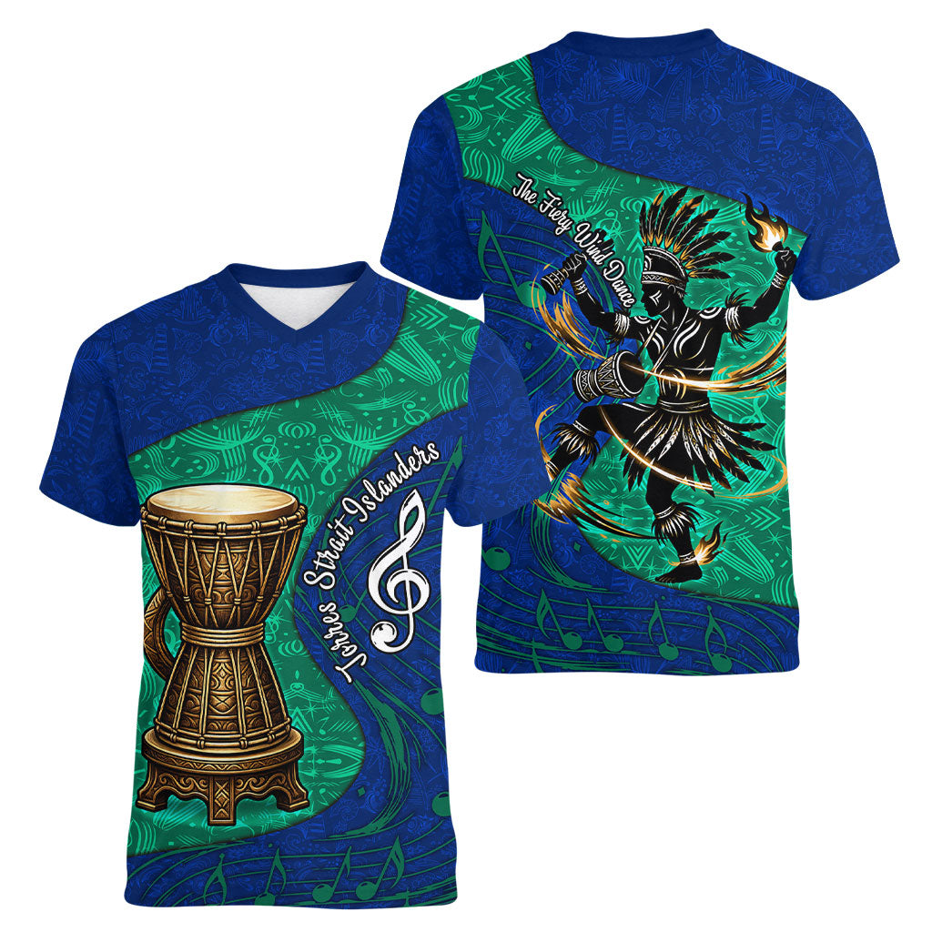 Torres Strait Islanders Fiery Wind Dance Drum Women V-Neck T-Shirt Indigenous Australian Tribal Warrior Musical Culture Art