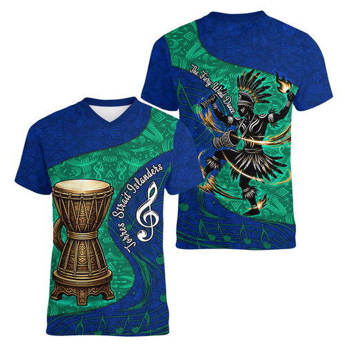 Torres Strait Islanders Fiery Wind Dance Drum Women V-Neck T-Shirt Indigenous Australian Tribal Warrior Musical Culture Art