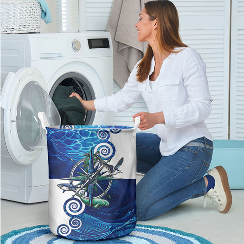 Torres Strait Islanders Nautical Compass Sea Life Laundry Basket Indigenous Traditional Flag Pattern Tribal Marine Art