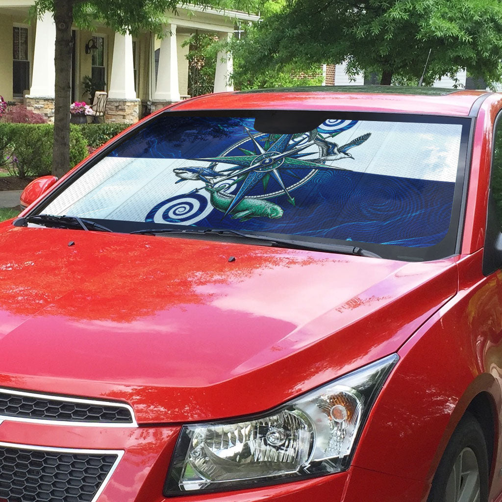 Torres Strait Islanders Nautical Compass Sea Life Auto Sun Shade Indigenous Traditional Flag Pattern Tribal Marine Art