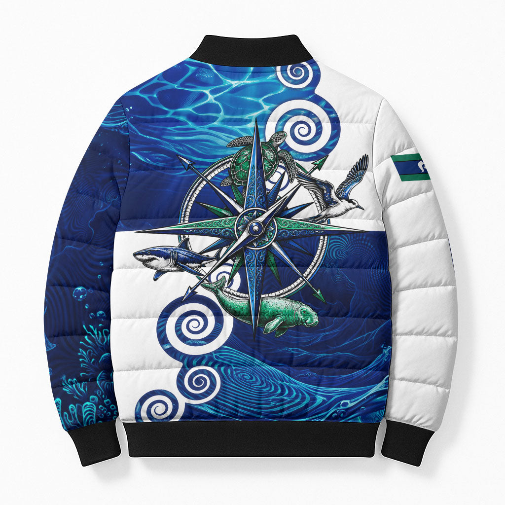 Torres Strait Islanders Nautical Compass Sea Life Bomber Puffer Jacket Indigenous Traditional Flag Pattern Tribal Marine Art