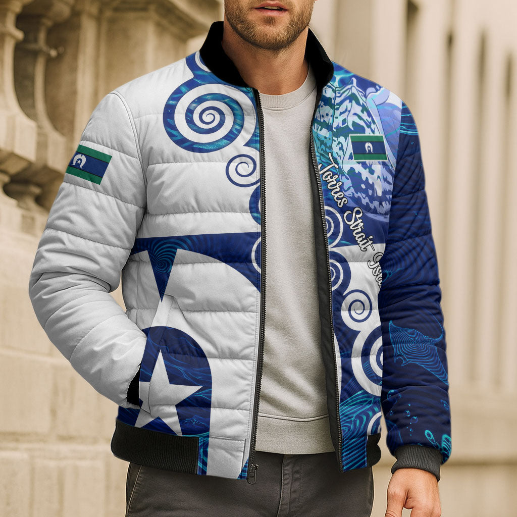 Torres Strait Islanders Nautical Compass Sea Life Bomber Puffer Jacket Indigenous Traditional Flag Pattern Tribal Marine Art