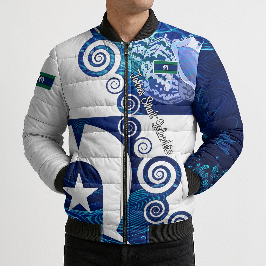 Torres Strait Islanders Nautical Compass Sea Life Bomber Puffer Jacket Indigenous Traditional Flag Pattern Tribal Marine Art