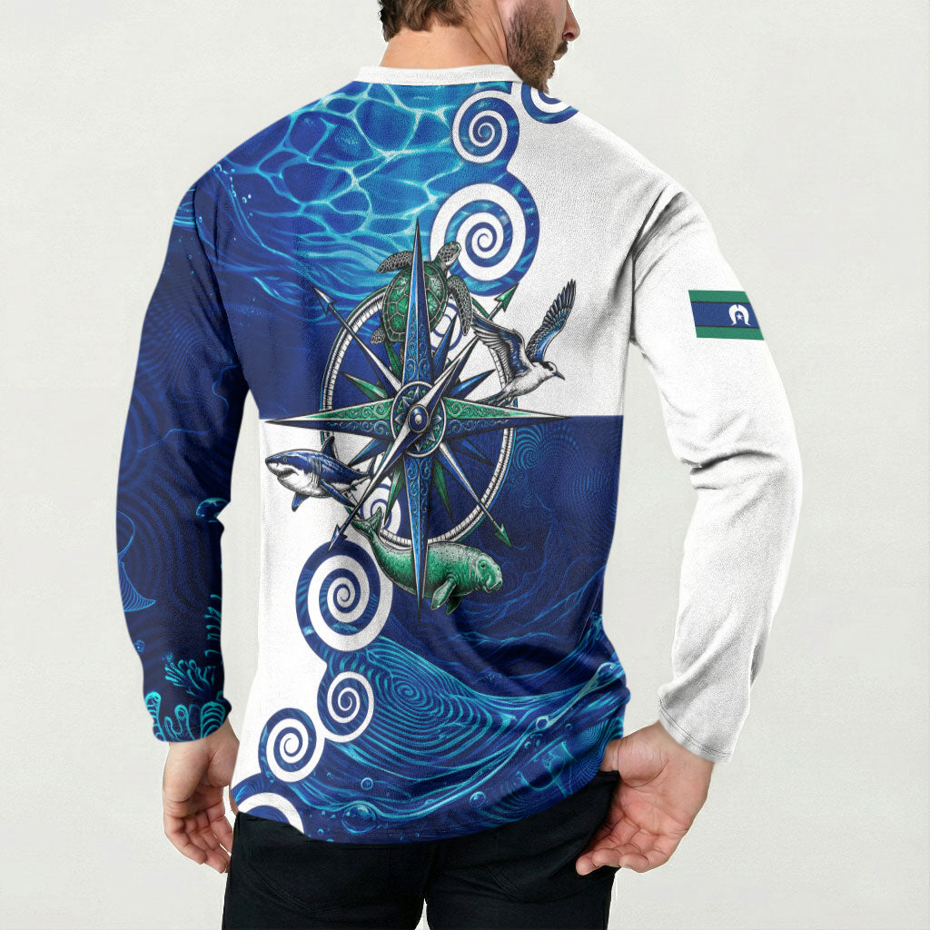 Torres Strait Islanders Nautical Compass Sea Life Button Sweatshirt Indigenous Traditional Flag Pattern Tribal Marine Art