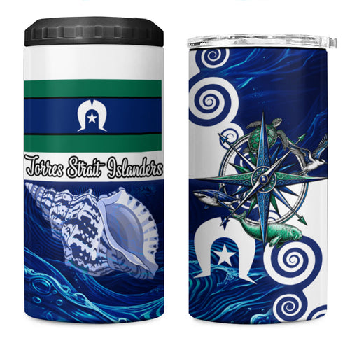 Torres Strait Islanders Nautical Compass Sea Life 4 in 1 Can Cooler Tumbler Indigenous Traditional Flag Pattern Tribal Marine Art