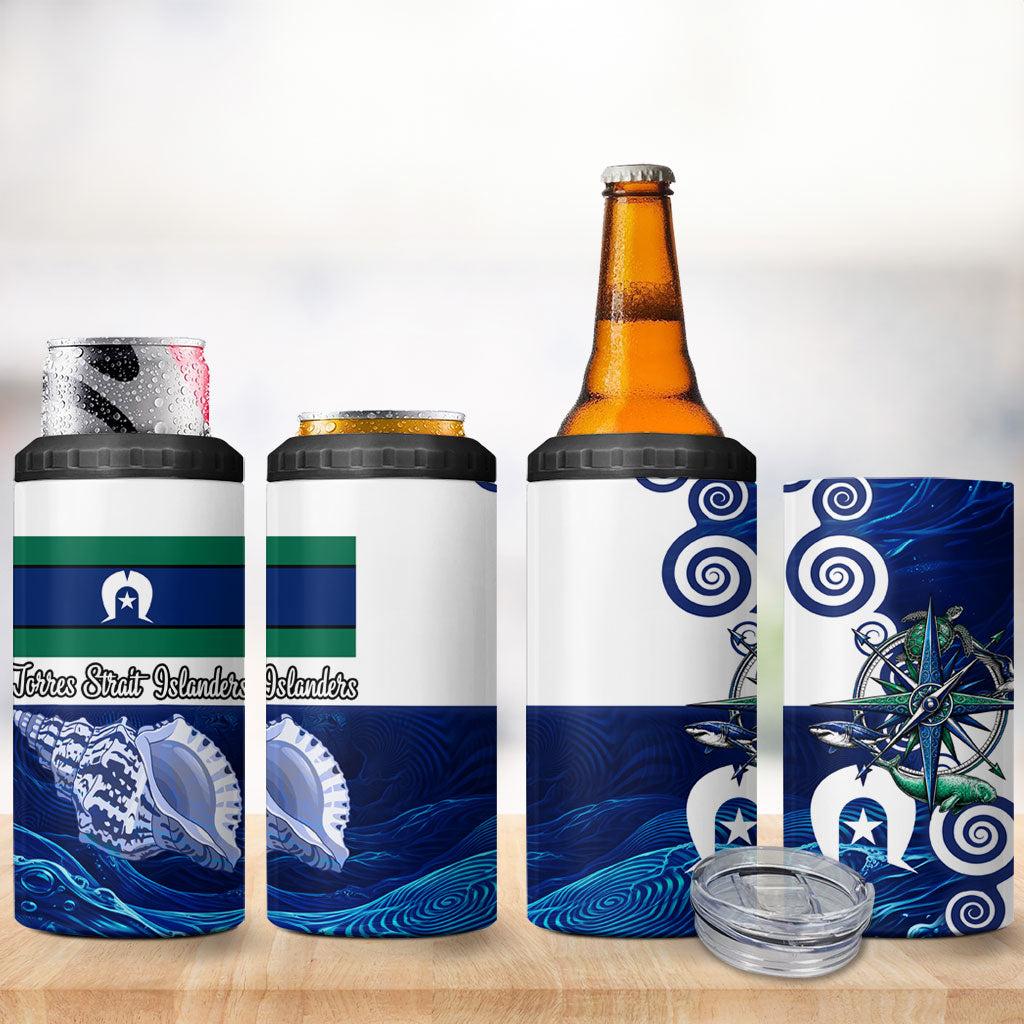 Torres Strait Islanders Nautical Compass Sea Life 4 in 1 Can Cooler Tumbler Indigenous Traditional Flag Pattern Tribal Marine Art