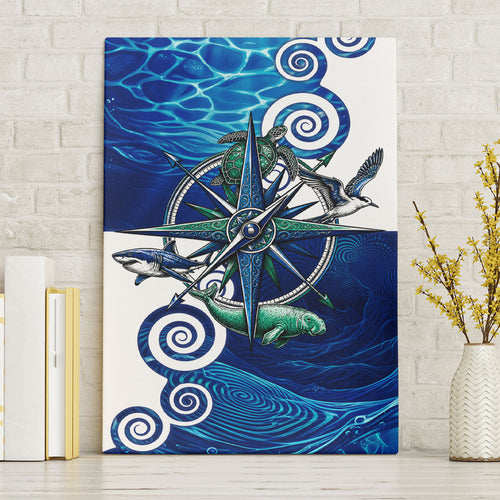 Torres Strait Islanders Nautical Compass Sea Life Canvas Wall Art Indigenous Traditional Flag Pattern Tribal Marine Art