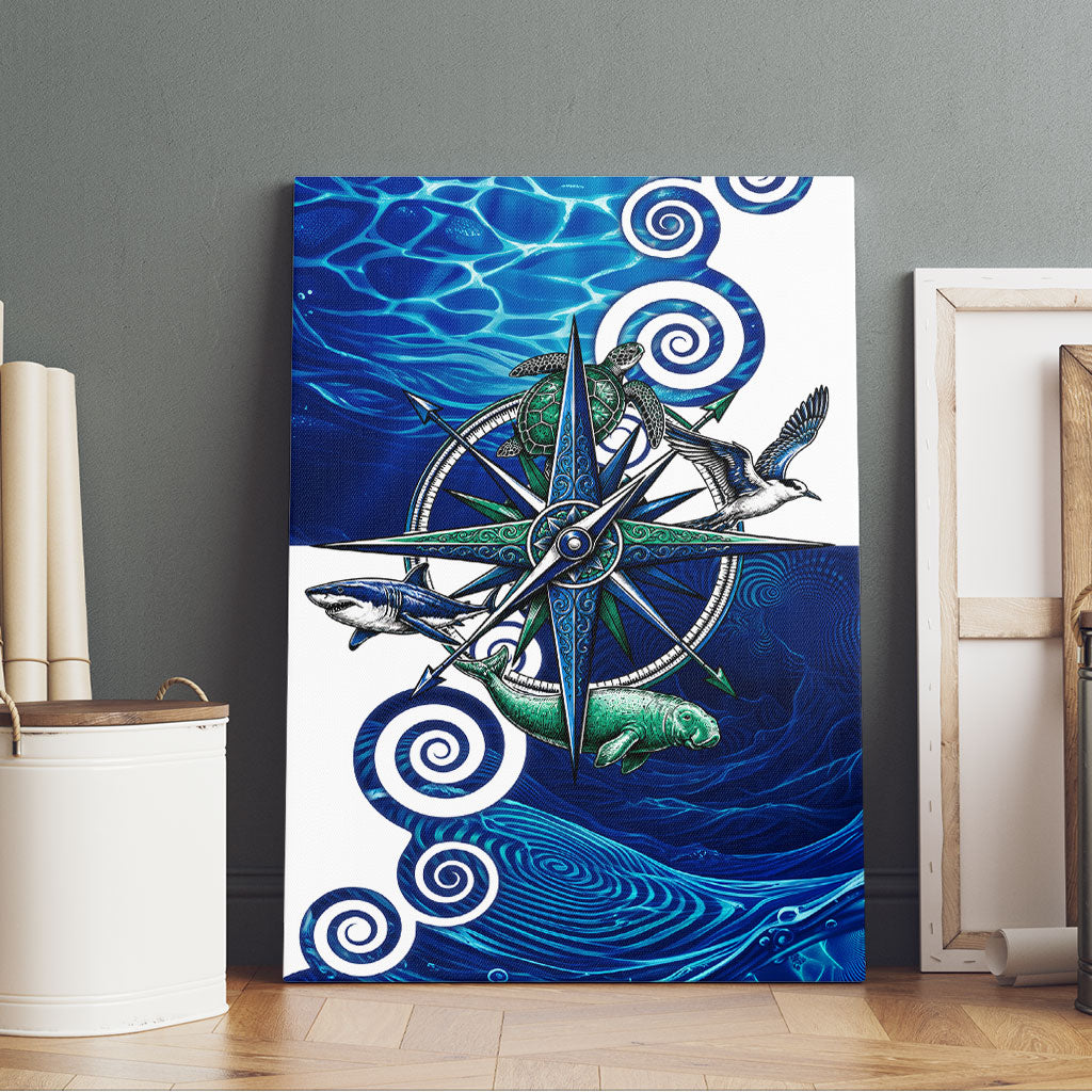 Torres Strait Islanders Nautical Compass Sea Life Canvas Wall Art Indigenous Traditional Flag Pattern Tribal Marine Art