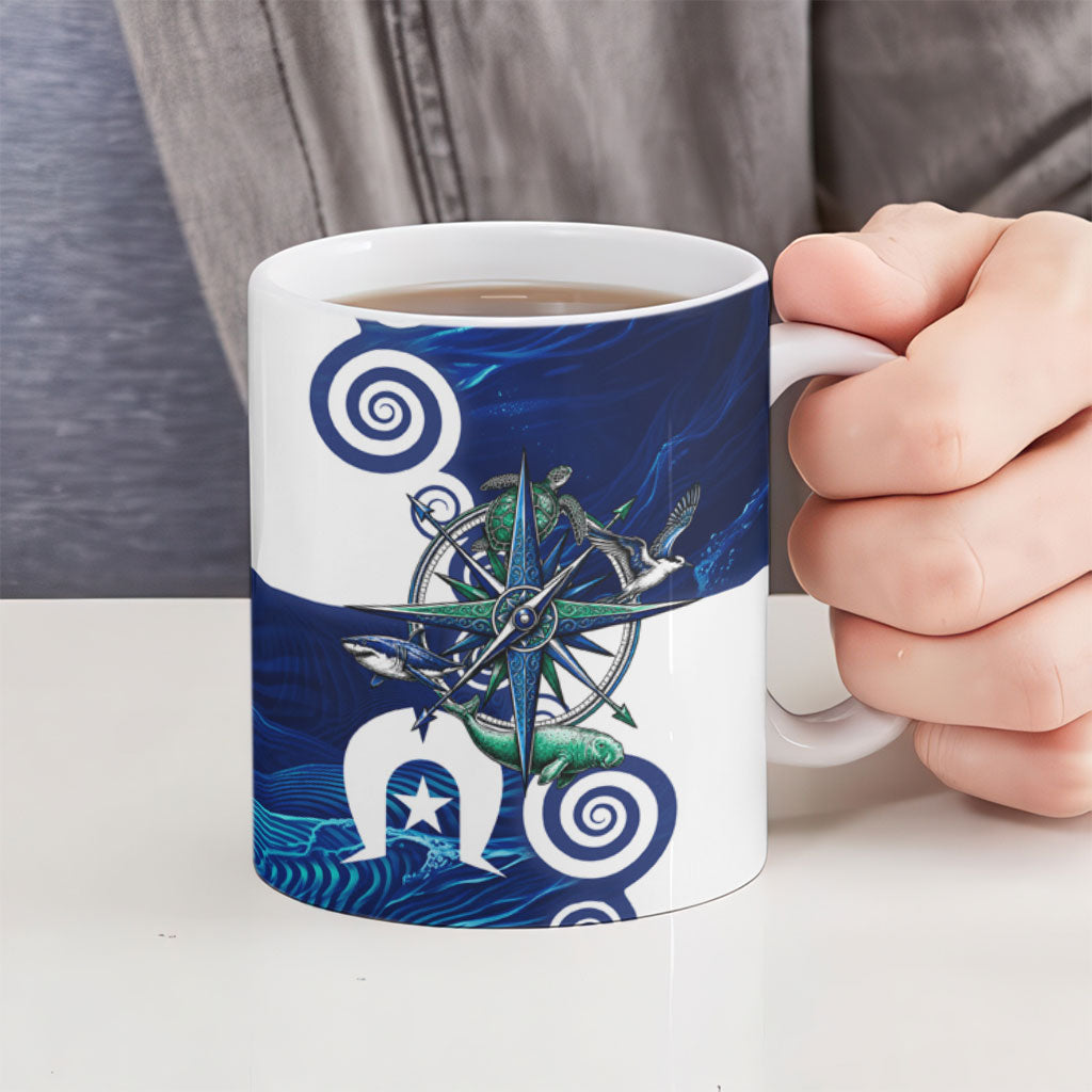 Torres Strait Islanders Nautical Compass Sea Life Ceramic Mug Indigenous Traditional Flag Pattern Tribal Marine Art