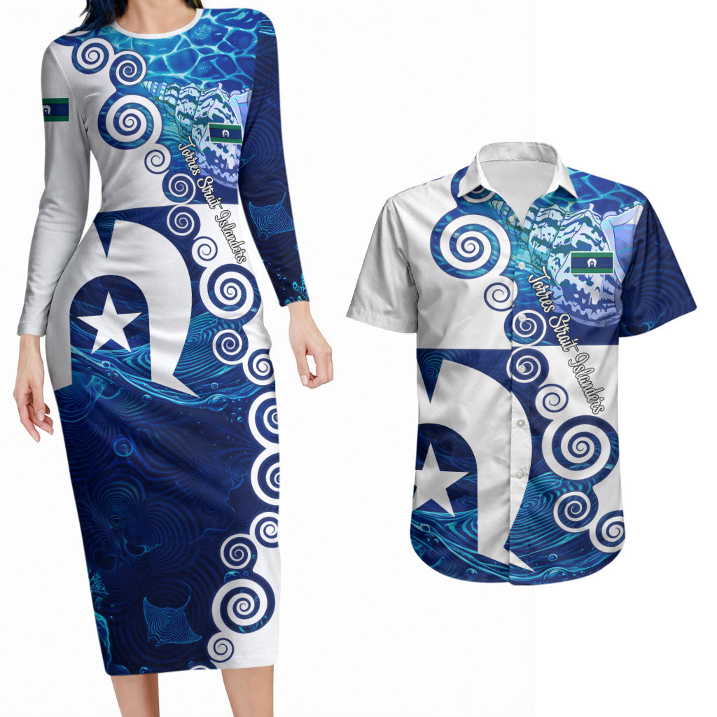 Torres Strait Islanders Nautical Compass Sea Life Couples Matching Long Sleeve Bodycon Dress and Hawaiian Shirt Indigenous Traditional Flag Pattern Tribal Marine Art