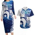 Torres Strait Islanders Nautical Compass Sea Life Couples Matching Long Sleeve Bodycon Dress and Hawaiian Shirt Indigenous Traditional Flag Pattern Tribal Marine Art