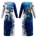 Torres Strait Islanders Nautical Compass Sea Life Couples Matching Long Sleeve Bodycon Dress and Hawaiian Shirt Indigenous Traditional Flag Pattern Tribal Marine Art
