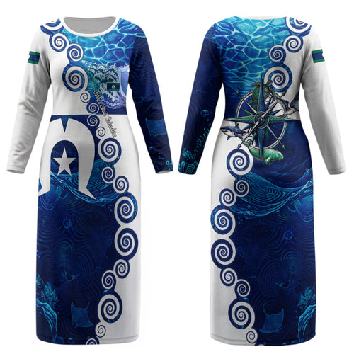 Torres Strait Islanders Nautical Compass Sea Life Couples Matching Long Sleeve Bodycon Dress and Hawaiian Shirt Indigenous Traditional Flag Pattern Tribal Marine Art