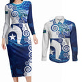 Torres Strait Islanders Nautical Compass Sea Life Couples Matching Long Sleeve Bodycon Dress and Long Sleeve Button Shirt Indigenous Traditional Flag Pattern Tribal Marine Art