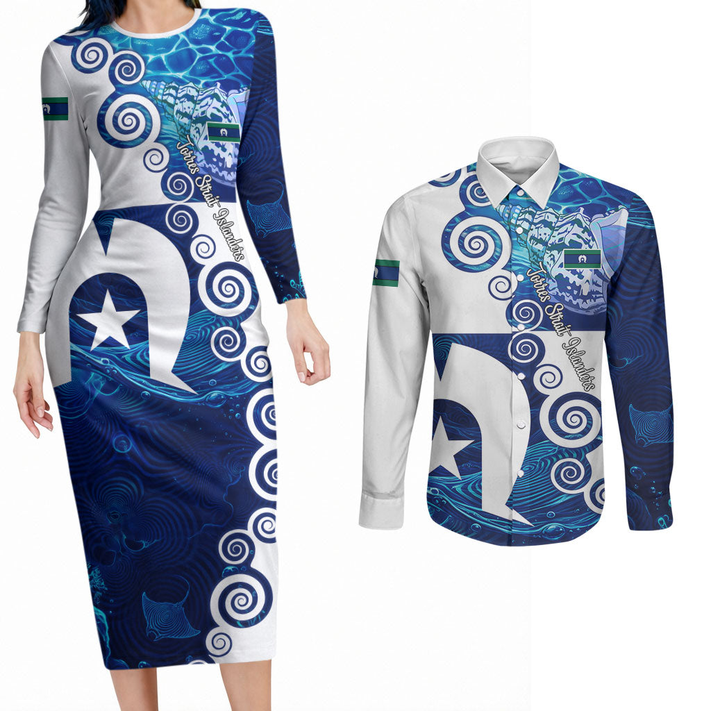 Torres Strait Islanders Nautical Compass Sea Life Couples Matching Long Sleeve Bodycon Dress and Long Sleeve Button Shirt Indigenous Traditional Flag Pattern Tribal Marine Art