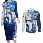 Torres Strait Islanders Nautical Compass Sea Life Couples Matching Long Sleeve Bodycon Dress and Long Sleeve Button Shirt Indigenous Traditional Flag Pattern Tribal Marine Art