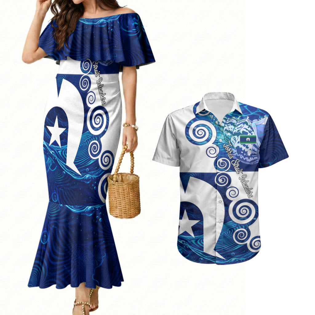 Torres Strait Islanders Nautical Compass Sea Life Couples Matching Mermaid Dress and Hawaiian Shirt Indigenous Traditional Flag Pattern Tribal Marine Art