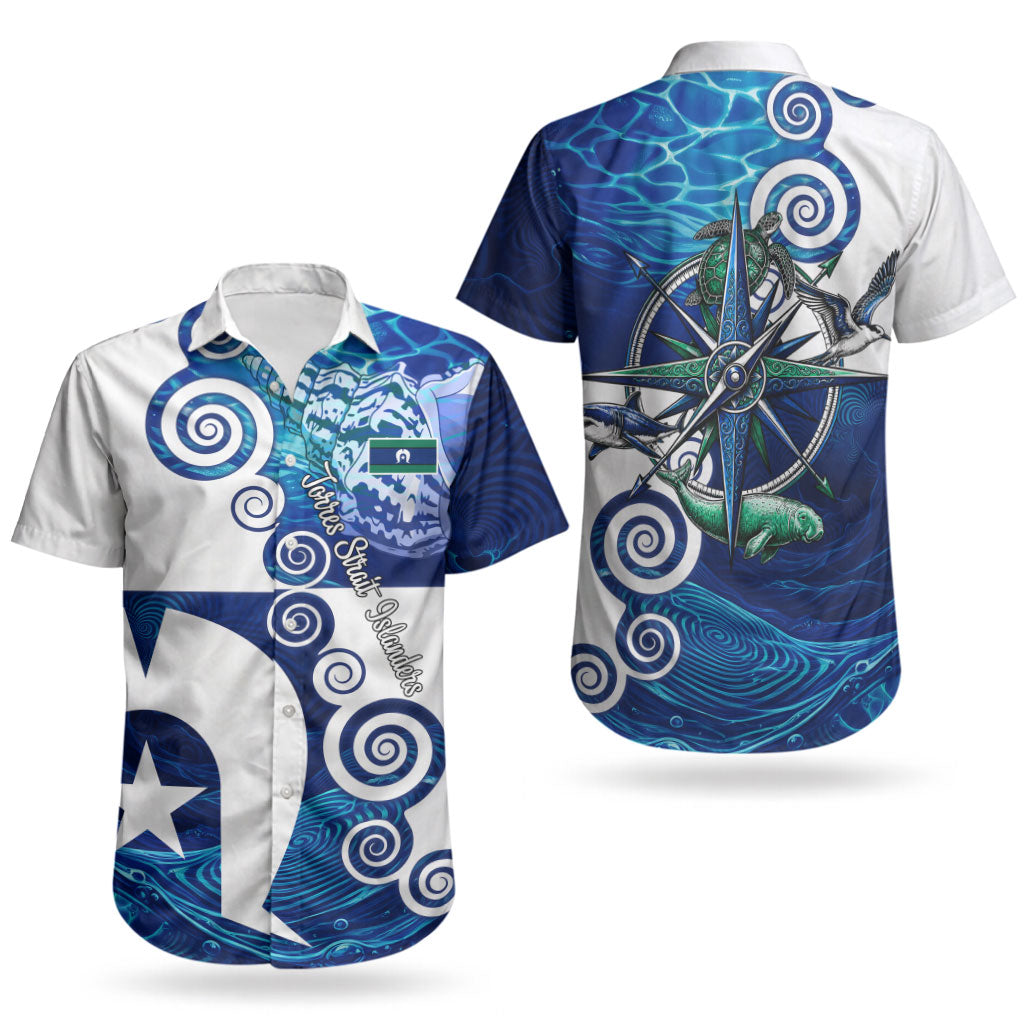 Torres Strait Islanders Nautical Compass Sea Life Couples Matching Mermaid Dress and Hawaiian Shirt Indigenous Traditional Flag Pattern Tribal Marine Art