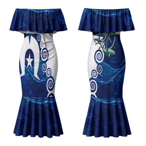 Torres Strait Islanders Nautical Compass Sea Life Couples Matching Mermaid Dress and Hawaiian Shirt Indigenous Traditional Flag Pattern Tribal Marine Art