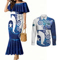 Torres Strait Islanders Nautical Compass Sea Life Couples Matching Mermaid Dress and Long Sleeve Button Shirt Indigenous Traditional Flag Pattern Tribal Marine Art