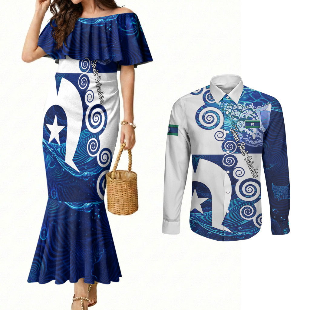 Torres Strait Islanders Nautical Compass Sea Life Couples Matching Mermaid Dress and Long Sleeve Button Shirt Indigenous Traditional Flag Pattern Tribal Marine Art