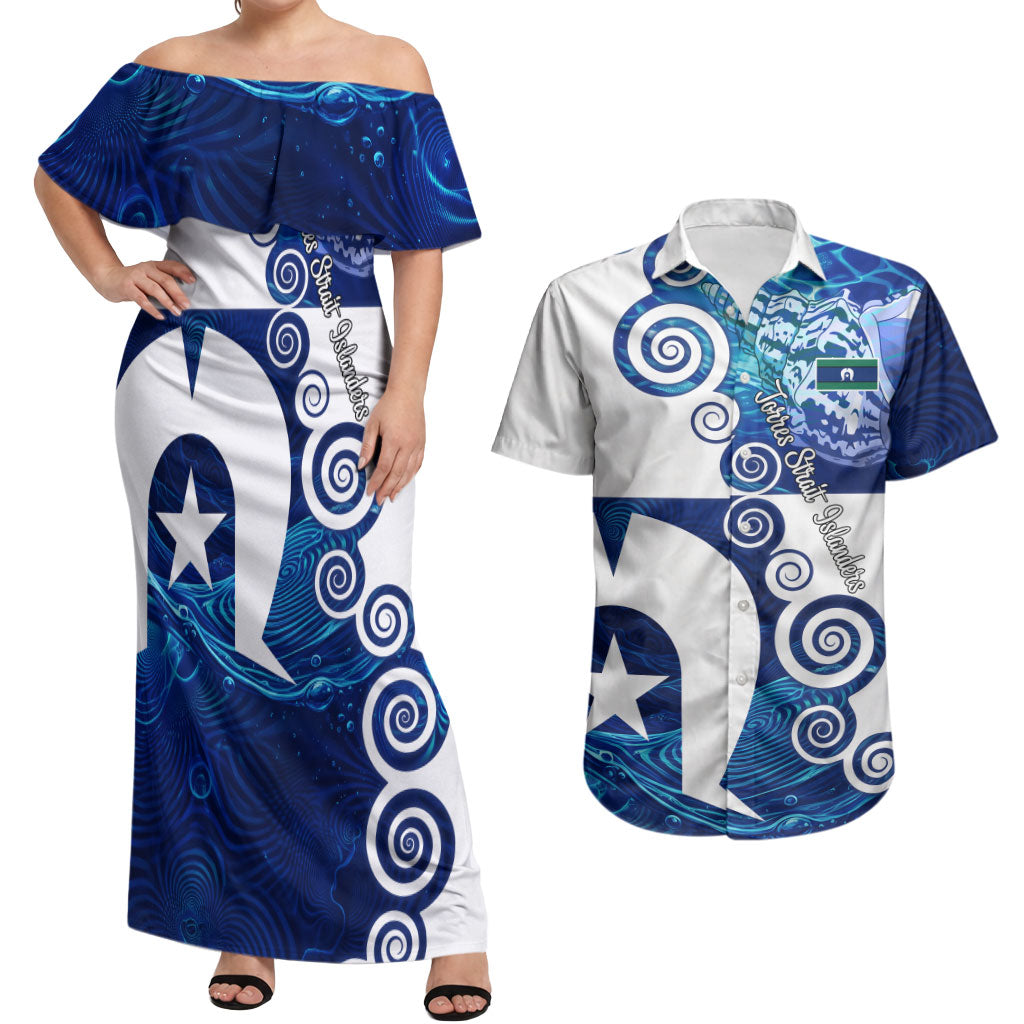 Torres Strait Islanders Nautical Compass Sea Life Couples Matching Off Shoulder Maxi Dress and Hawaiian Shirt Indigenous Traditional Flag Pattern Tribal Marine Art