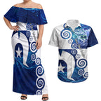 Torres Strait Islanders Nautical Compass Sea Life Couples Matching Off Shoulder Maxi Dress and Hawaiian Shirt Indigenous Traditional Flag Pattern Tribal Marine Art
