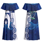 Torres Strait Islanders Nautical Compass Sea Life Couples Matching Off Shoulder Maxi Dress and Hawaiian Shirt Indigenous Traditional Flag Pattern Tribal Marine Art