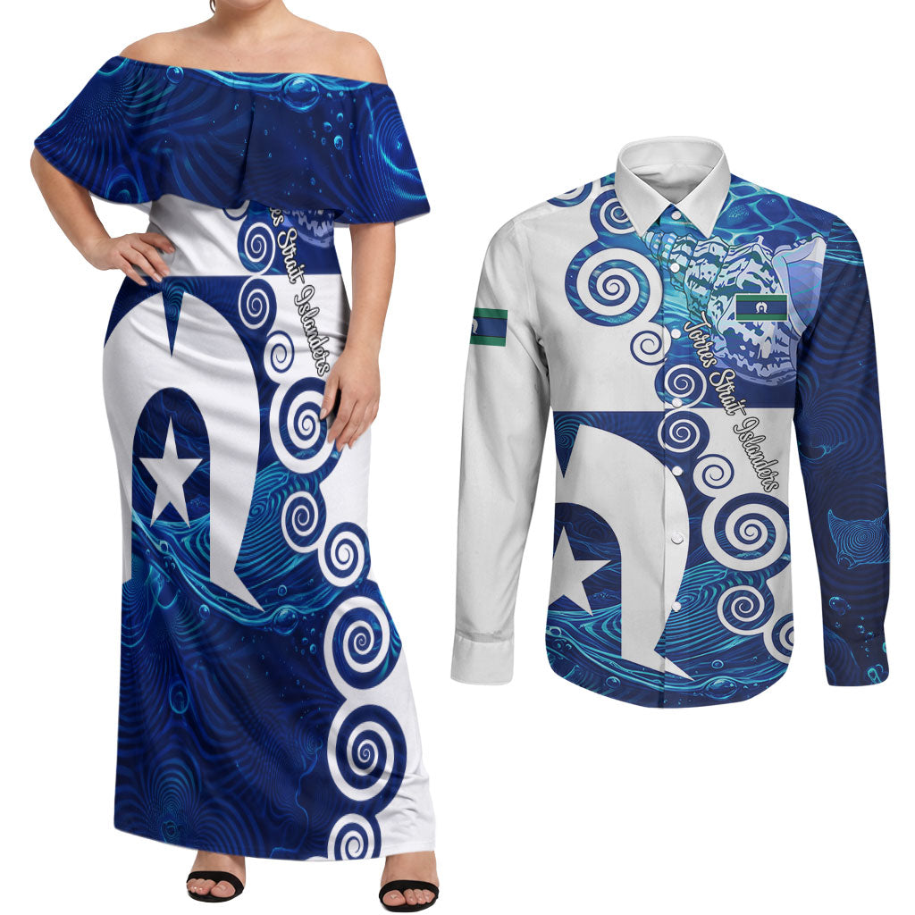 Torres Strait Islanders Nautical Compass Sea Life Couples Matching Off Shoulder Maxi Dress and Long Sleeve Button Shirt Indigenous Traditional Flag Pattern Tribal Marine Art