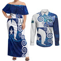 Torres Strait Islanders Nautical Compass Sea Life Couples Matching Off Shoulder Maxi Dress and Long Sleeve Button Shirt Indigenous Traditional Flag Pattern Tribal Marine Art