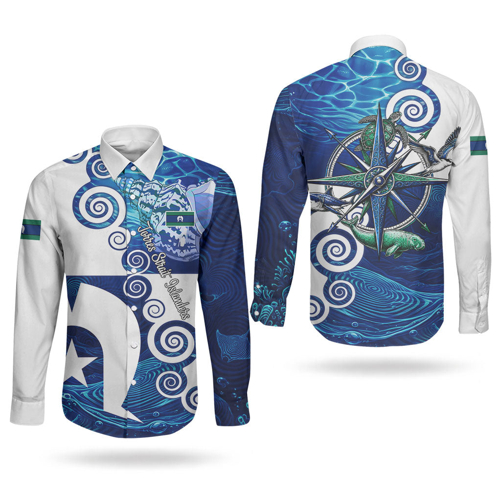 Torres Strait Islanders Nautical Compass Sea Life Couples Matching Off Shoulder Maxi Dress and Long Sleeve Button Shirt Indigenous Traditional Flag Pattern Tribal Marine Art