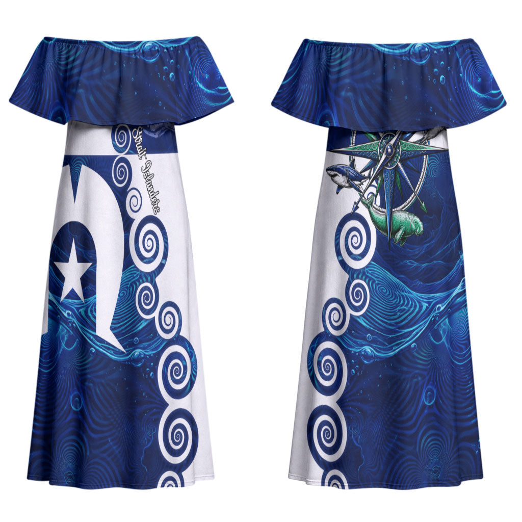 Torres Strait Islanders Nautical Compass Sea Life Couples Matching Off Shoulder Maxi Dress and Long Sleeve Button Shirt Indigenous Traditional Flag Pattern Tribal Marine Art