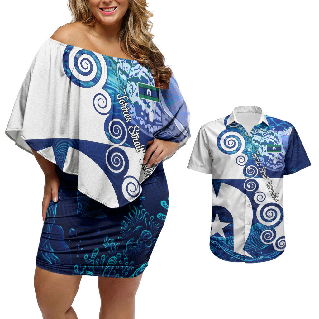 Torres Strait Islanders Nautical Compass Sea Life Couples Matching Off Shoulder Short Dress and Hawaiian Shirt Indigenous Traditional Flag Pattern Tribal Marine Art