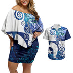 Torres Strait Islanders Nautical Compass Sea Life Couples Matching Off Shoulder Short Dress and Hawaiian Shirt Indigenous Traditional Flag Pattern Tribal Marine Art