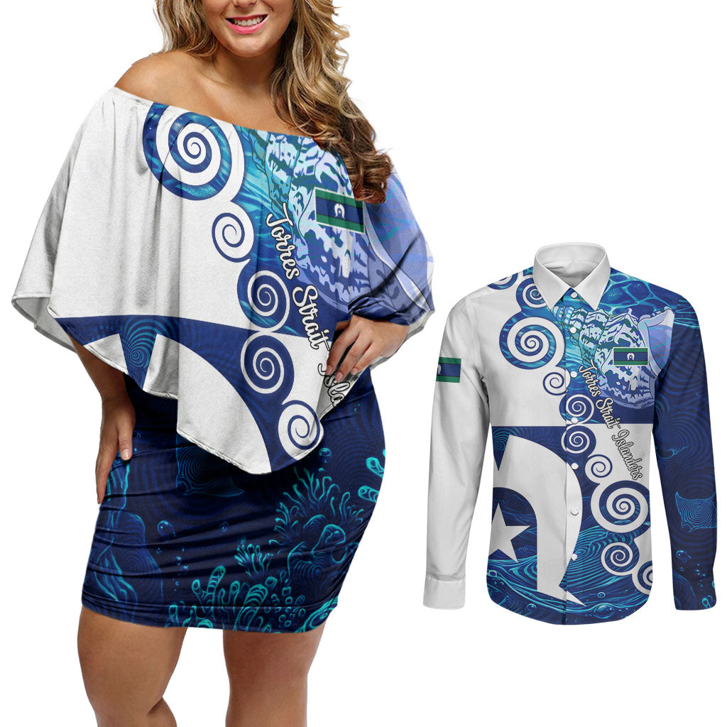 Torres Strait Islanders Nautical Compass Sea Life Couples Matching Off Shoulder Short Dress and Long Sleeve Button Shirt Indigenous Traditional Flag Pattern Tribal Marine Art