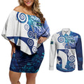 Torres Strait Islanders Nautical Compass Sea Life Couples Matching Off Shoulder Short Dress and Long Sleeve Button Shirt Indigenous Traditional Flag Pattern Tribal Marine Art