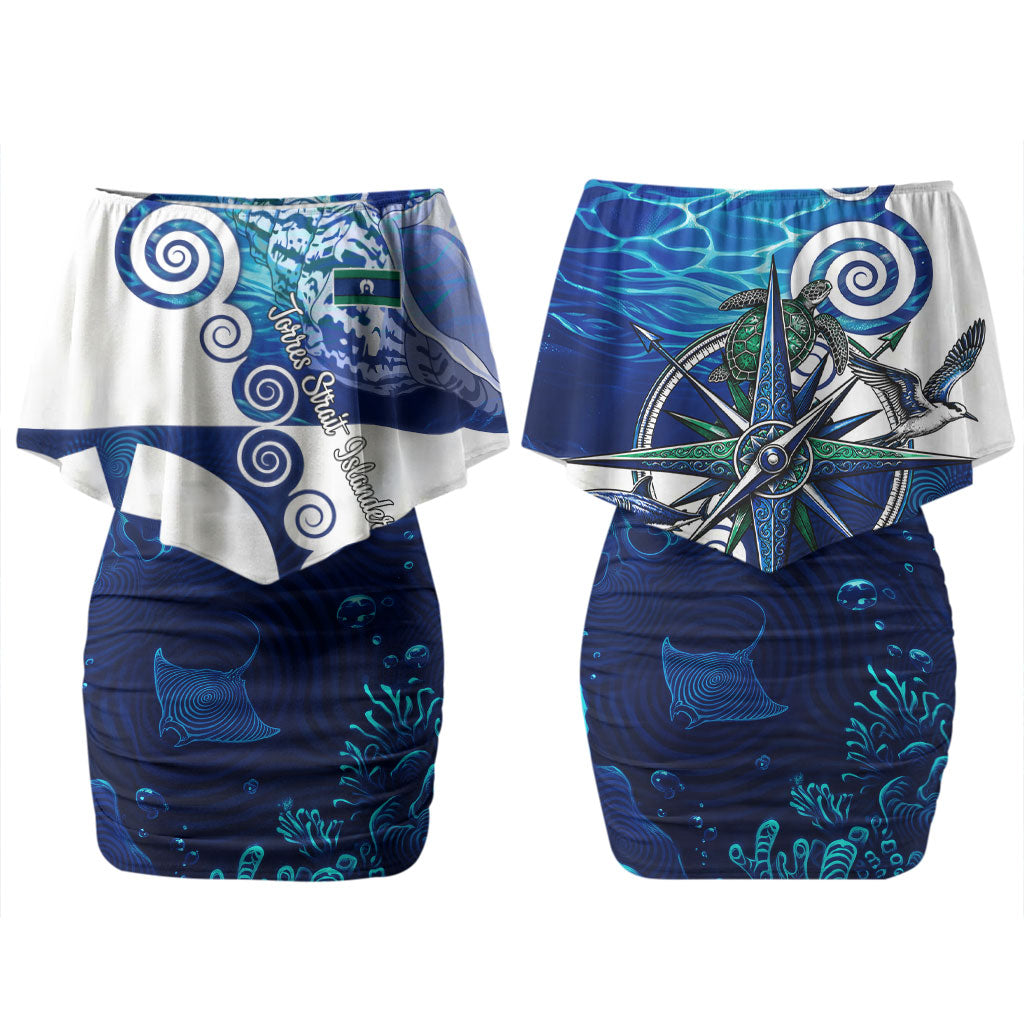 Torres Strait Islanders Nautical Compass Sea Life Couples Matching Off Shoulder Short Dress and Long Sleeve Button Shirt Indigenous Traditional Flag Pattern Tribal Marine Art
