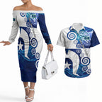 Torres Strait Islanders Nautical Compass Sea Life Couples Matching Off The Shoulder Long Sleeve Dress and Hawaiian Shirt Indigenous Traditional Flag Pattern Tribal Marine Art