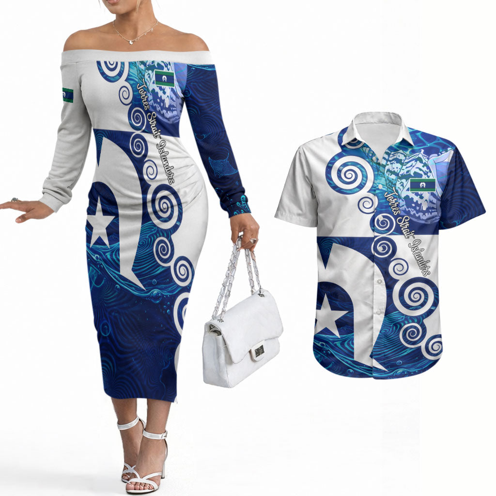Torres Strait Islanders Nautical Compass Sea Life Couples Matching Off The Shoulder Long Sleeve Dress and Hawaiian Shirt Indigenous Traditional Flag Pattern Tribal Marine Art