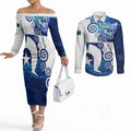 Torres Strait Islanders Nautical Compass Sea Life Couples Matching Off The Shoulder Long Sleeve Dress and Long Sleeve Button Shirt Indigenous Traditional Flag Pattern Tribal Marine Art