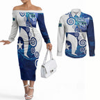Torres Strait Islanders Nautical Compass Sea Life Couples Matching Off The Shoulder Long Sleeve Dress and Long Sleeve Button Shirt Indigenous Traditional Flag Pattern Tribal Marine Art