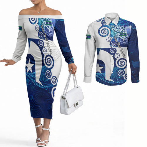 Torres Strait Islanders Nautical Compass Sea Life Couples Matching Off The Shoulder Long Sleeve Dress and Long Sleeve Button Shirt Indigenous Traditional Flag Pattern Tribal Marine Art
