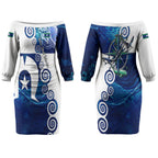 Torres Strait Islanders Nautical Compass Sea Life Couples Matching Off The Shoulder Long Sleeve Dress and Long Sleeve Button Shirt Indigenous Traditional Flag Pattern Tribal Marine Art